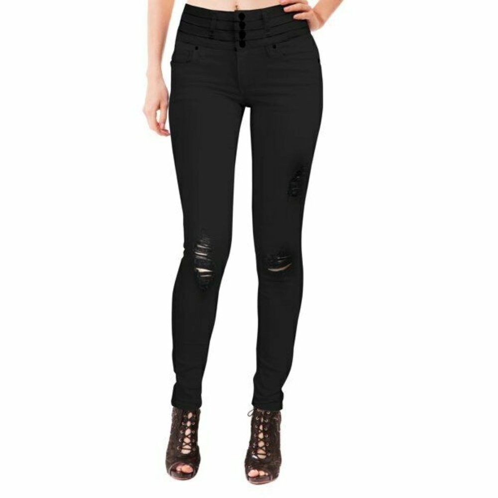 High Waist, Wide 4 button, Butt Lift, Stretch Black Distressed Skinny Jean- NWT